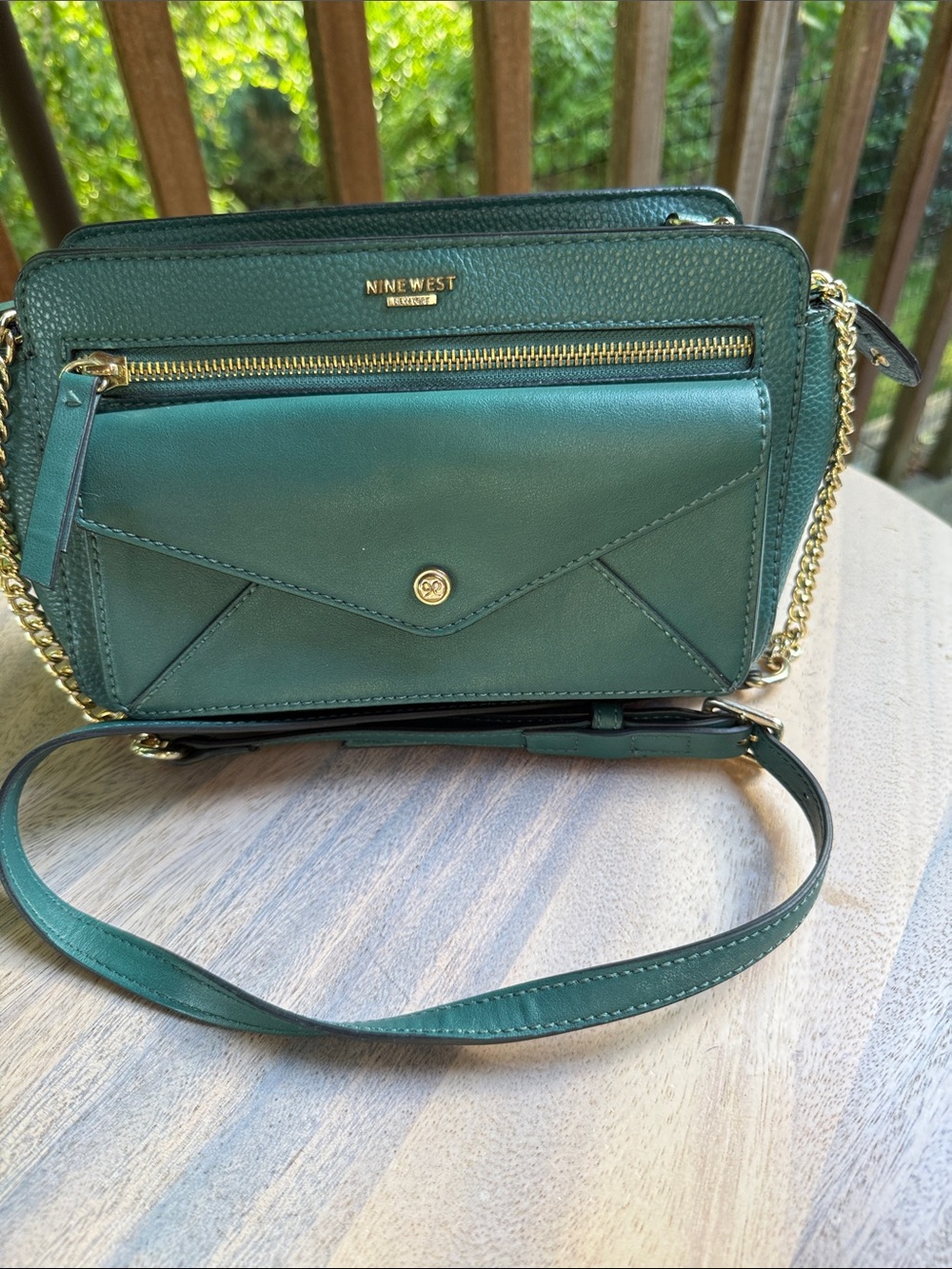 Nine West Teal Green Envelope Front Crossbody with Gold Chain Trim